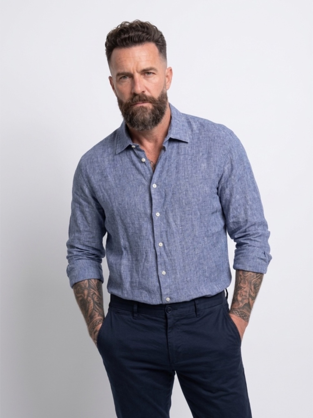 Men's Emporio Armani 100% Linen Long Sleeve Shirt - Blue - XL